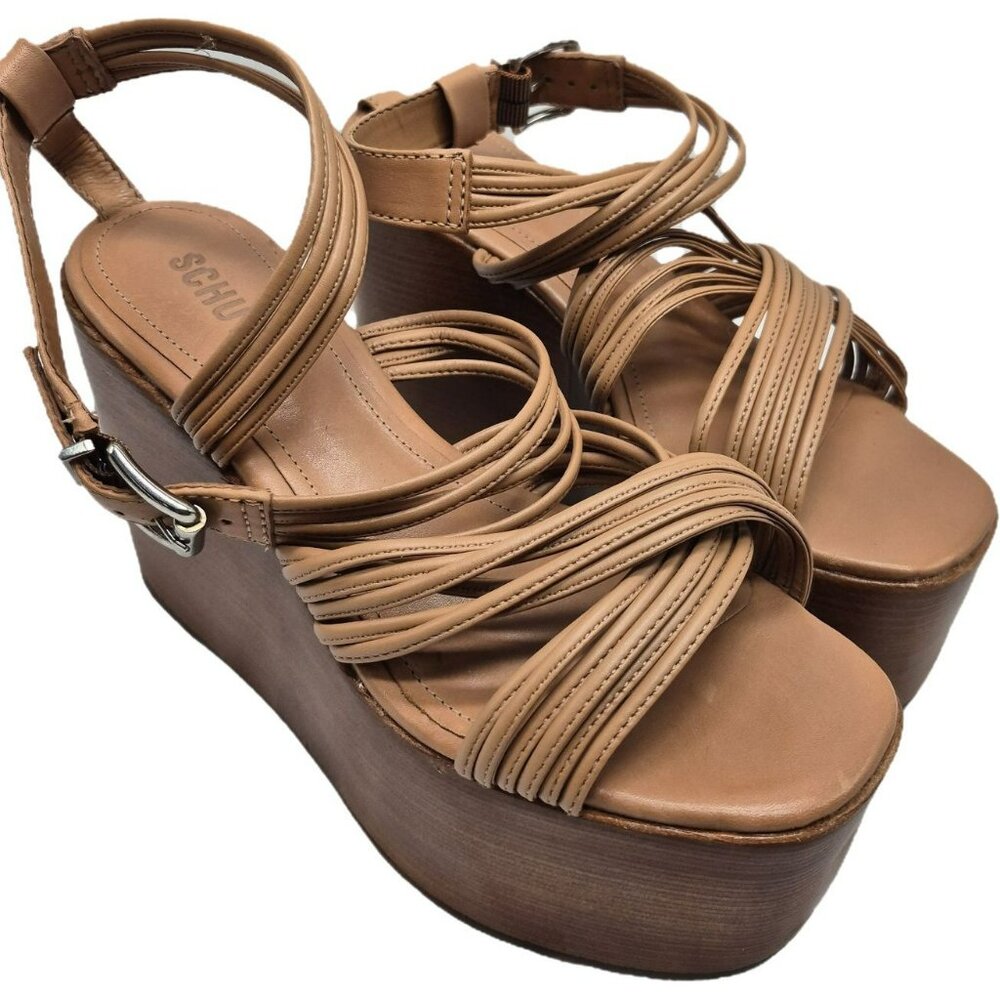 Schutz Marcella Wedge Tan Leather Strappy Platform Sandals Women's 8.5M